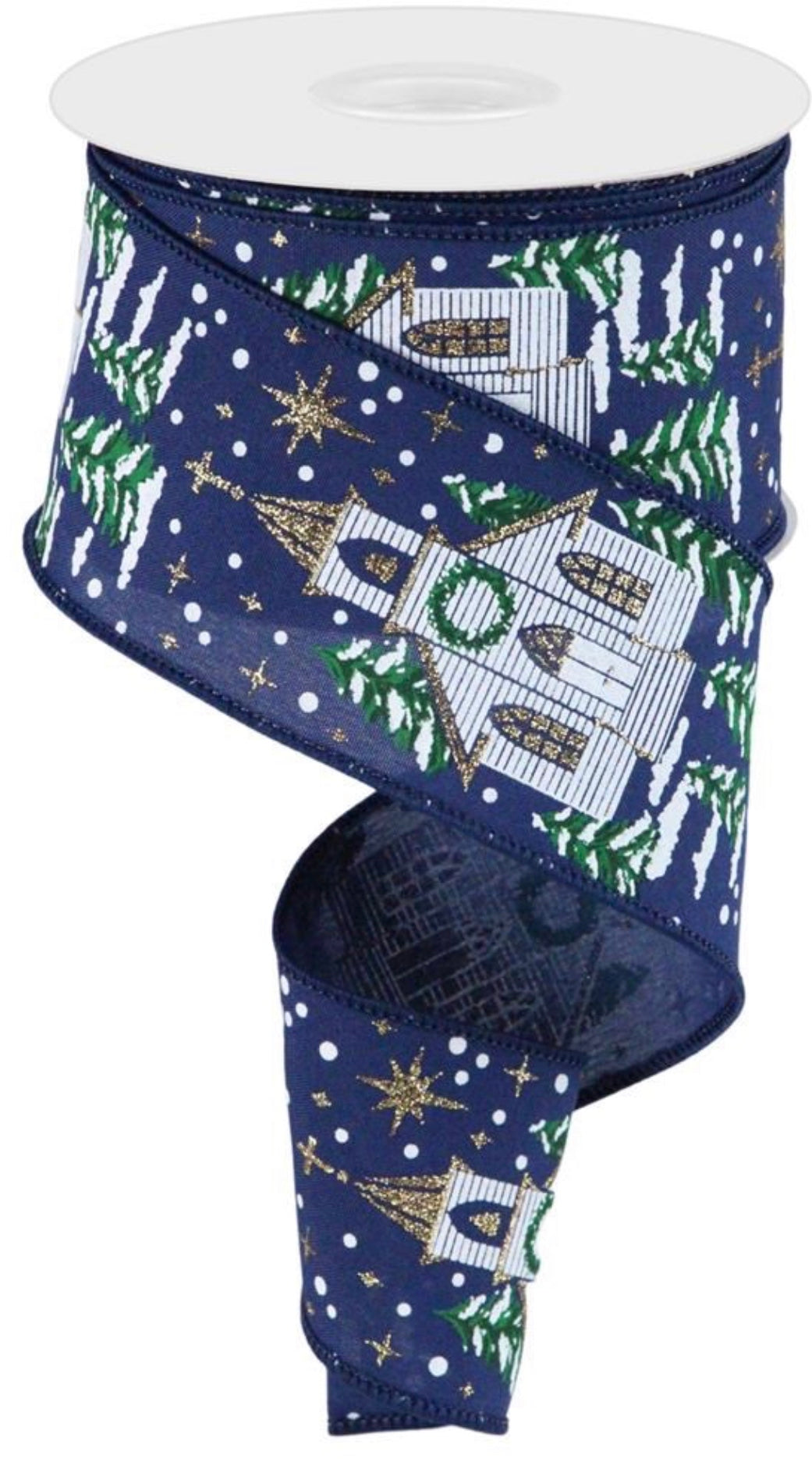 10 Yards - 2.5” Wired Navy Blue Background Christmas Church Ribbon with Gold Glitter Accent