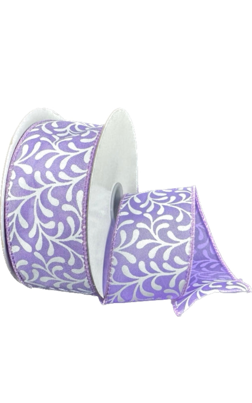 Wired Lavender Satin White Rounded Vines Ribbon- 1.5” x 10 Yards