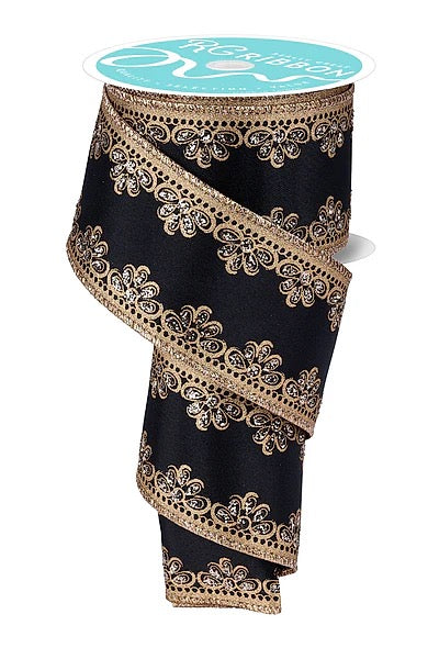 Wired Black and Gold Luxurious Scallop Trim Ribbon- 2.5”x10 Yards