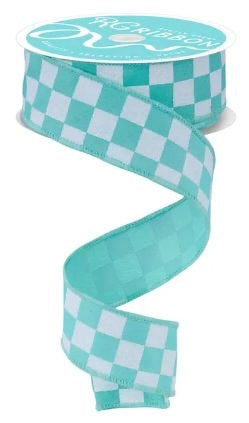 Wired Mint Green and White Print Glitter Check Ribbon- 1.5”x10 Yards