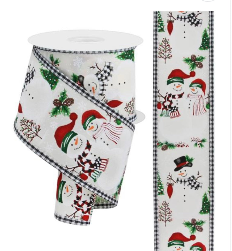 10 Yards - 2.5” Wired White Background Glitter Accent Snowman Ribbon