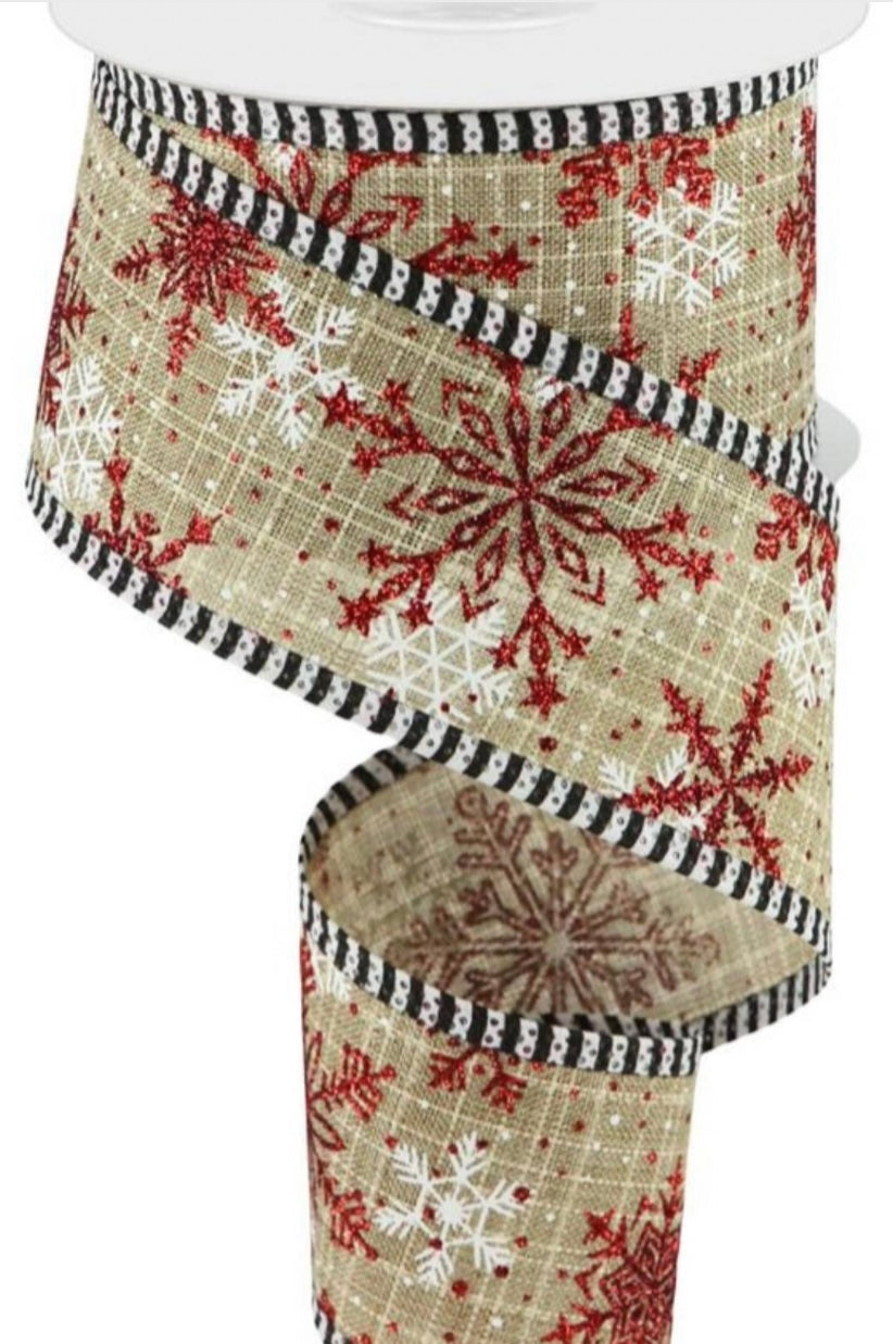 10 Yards - 2.5” Wired Gray Background with Red and White Glitter Snowflake Ribbon with Black and White Check Edge
