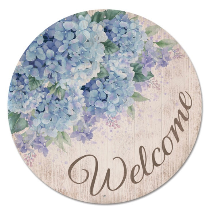 12" Round Metal Hydrangeas Welcome Wreath Sign