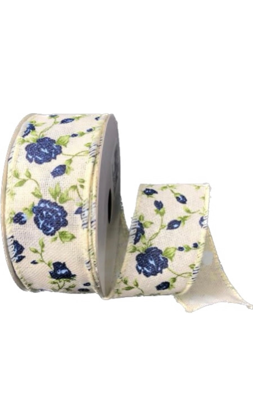 Wired Sand Canvas Blue Roses Ribbon-1.5”x10 Yards