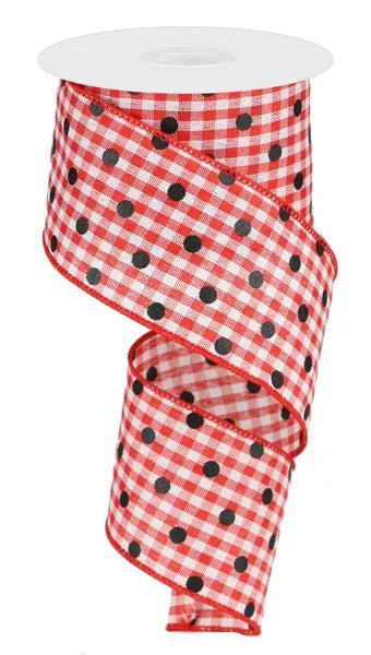 Wired Red and White Gingham Check with Black Polka Dots Ribbon- 2.5”x10 Yards