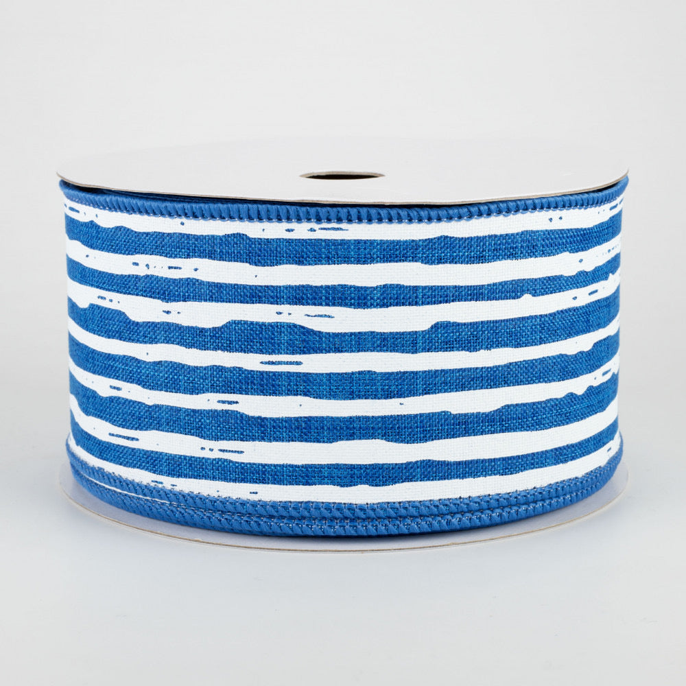 2.5”x 10 Yards Wired Blue and White Irregular Striped Ribbon