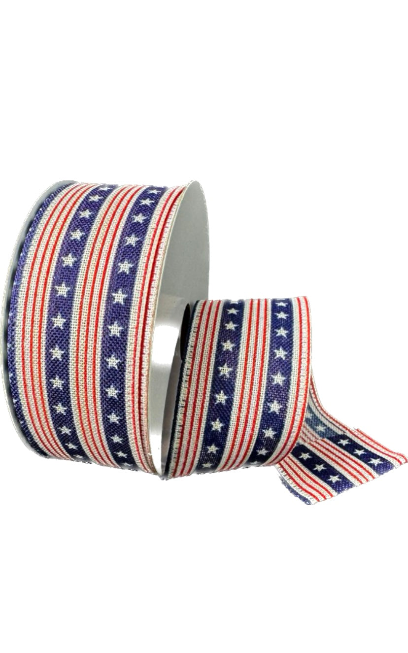 Wired Patriotic Red, Natural, and Navy Blue Stars and Stripes Ribbon-1.5”x10 Yards