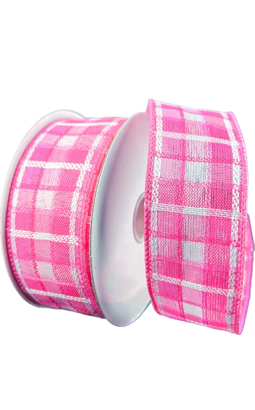 Wired Pink and White Kentini Plaid Ribbon-1.5”x10 Yards