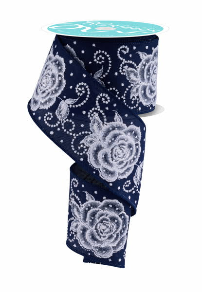 10 Yards - 2.5” Wired Navy with White Raised Roses Floral Ribbon