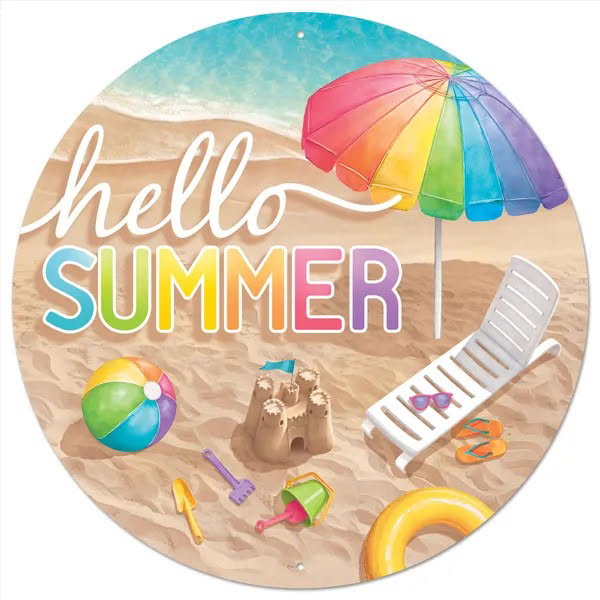 12” Round Metal Hello Summer Wreath Sign