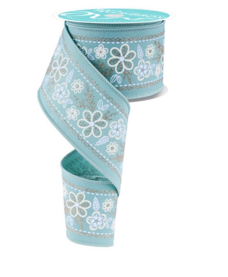 10 Yards - 2.5” Wired Sage and White Floral Ribbon