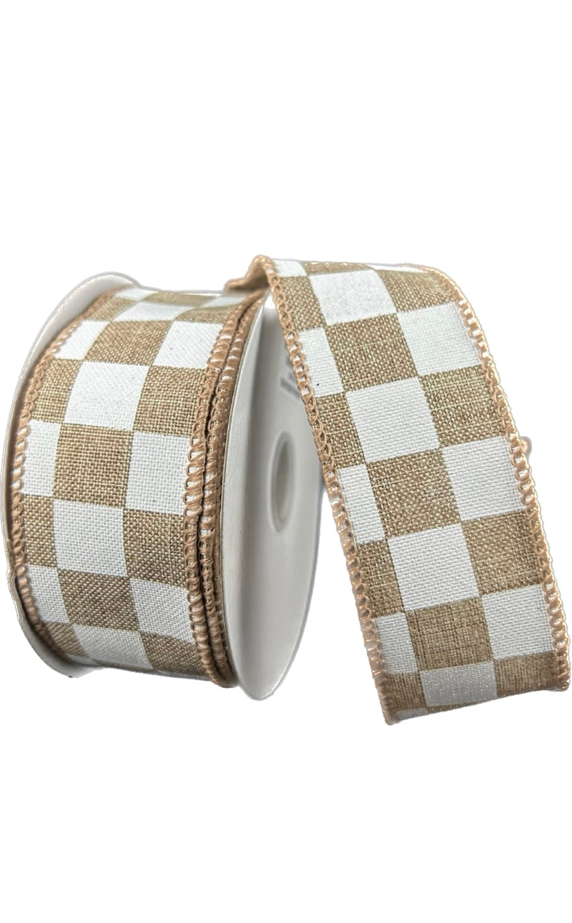 Wired Natural Linen White Race Chex Ribbon- 1.5”x10 Yards