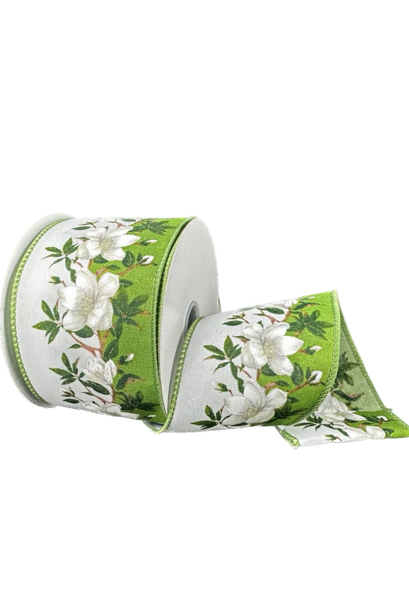 Wired Floral on Green and White Background on Satin Ribbon- 2.5”x10 Yards