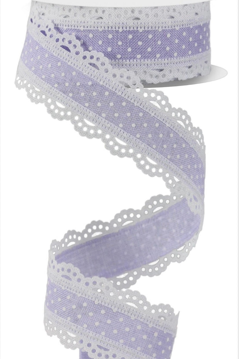 10 Yards - 1.5” Wired Lavender and White Swiss Dot Ribbon with Lace Edge