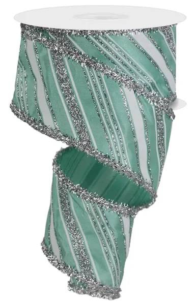 Wired Dark Mint and White Silver Glitter Christmas Ribbon with Red Tinsel Edge-2.5”x10 Yards