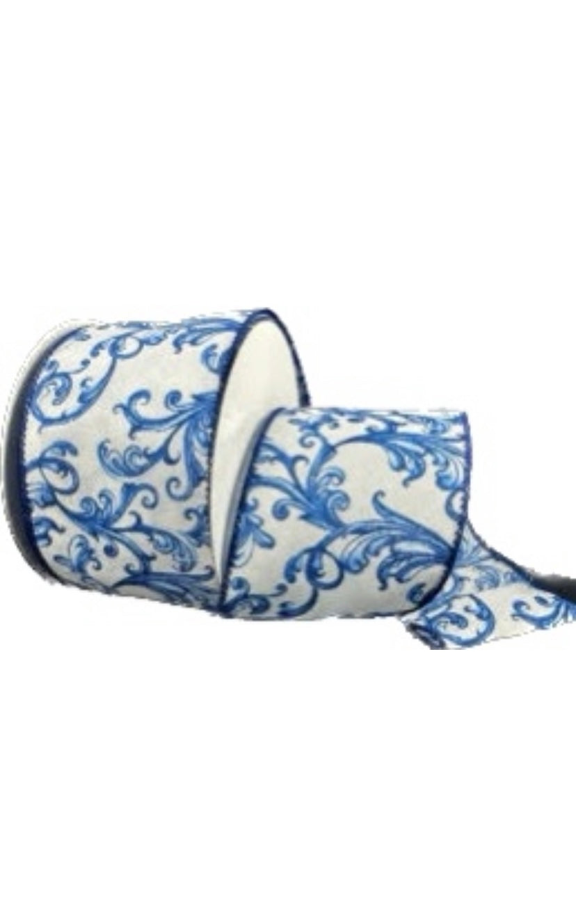 Wired White Satin Blue Chinoiserie Swirls Ribbon- 2.5”x10 Yards