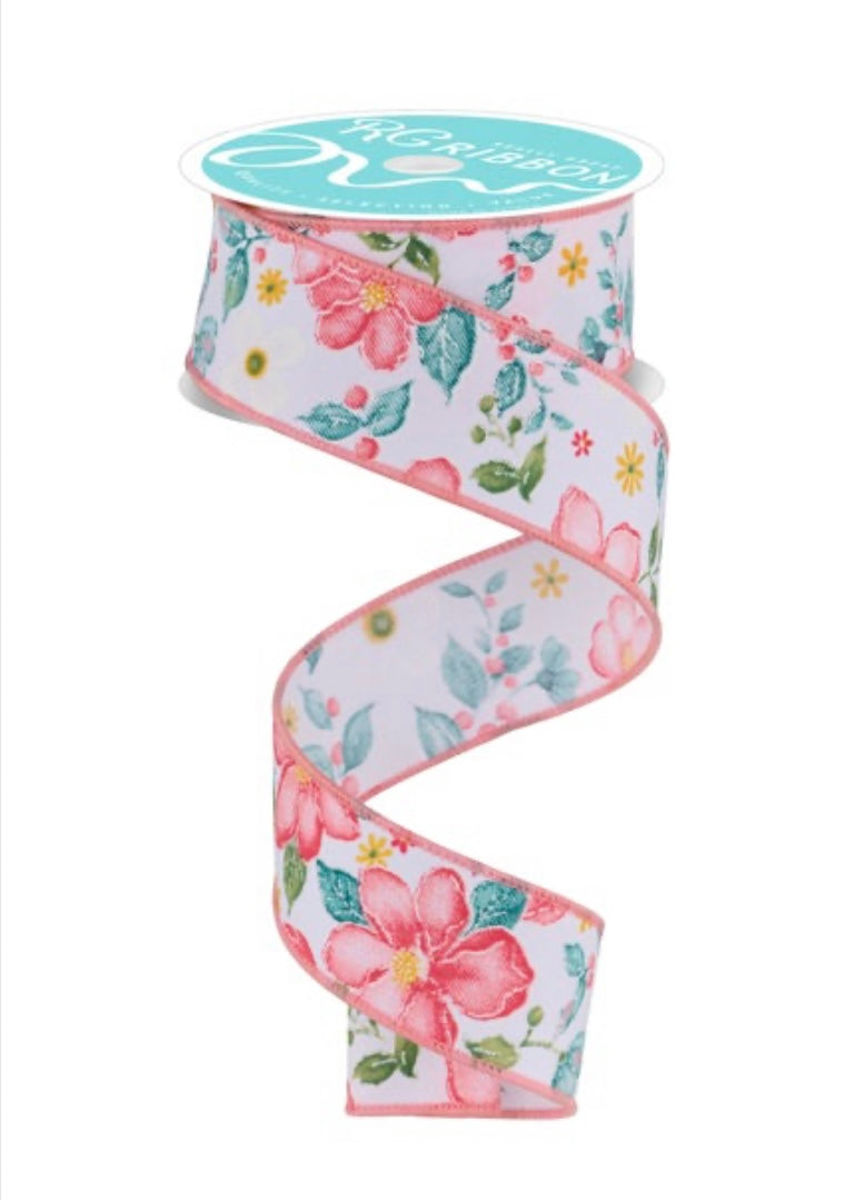 10 Yards - 1.5” Wired Spring Flowers on White Background Ribbon