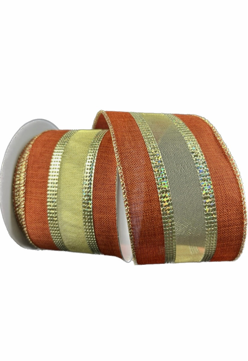 Wired Dark Orange Linen with Gold Firefly Center Ribbon- 2.5”x10 Yards