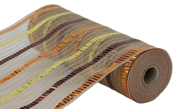Natural with Gold/Brown/Orange XL Wide Foil Stripe Mesh- 10.5 inch x 10 Yards