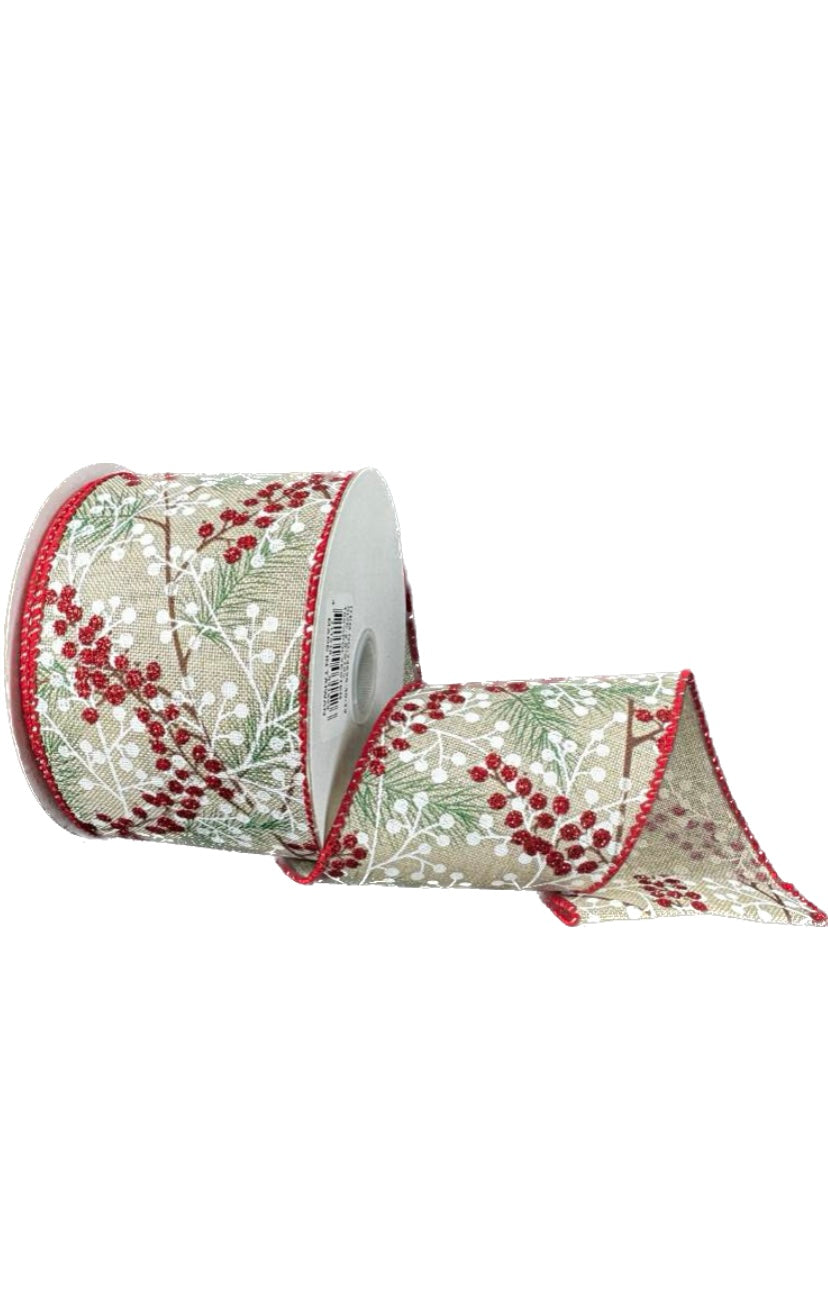 Wired Natural Linen Pine Berries Ribbon-2.5”x10 Yards