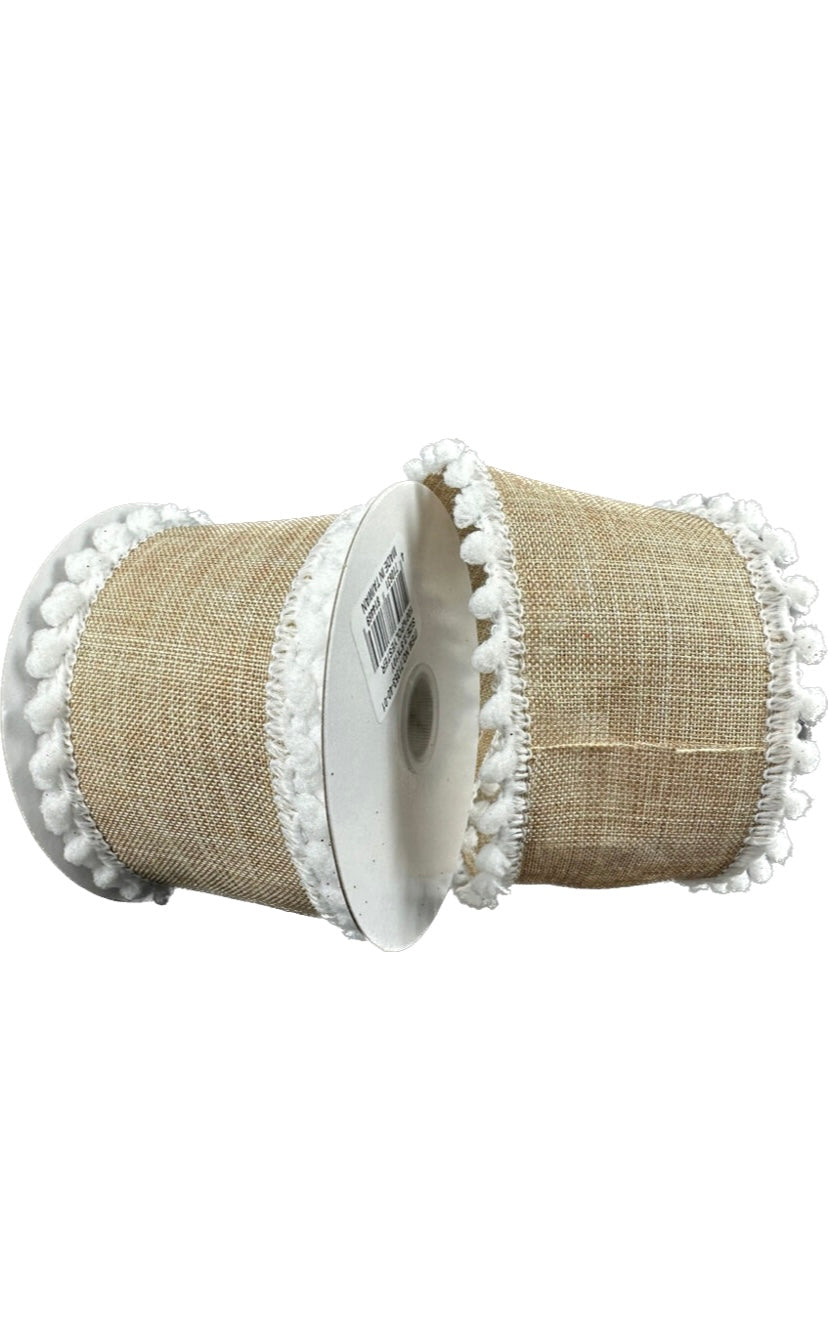 Wired Natural Linen White Puff Embroidered Edge Ribbon-2.5”x10 Yards