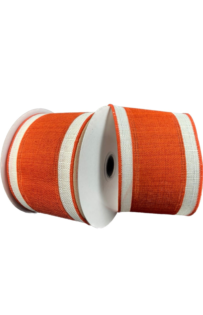 Wired Orange with Cream Stripe on Poly Linen Ribbon- 2.5”x10 Yards