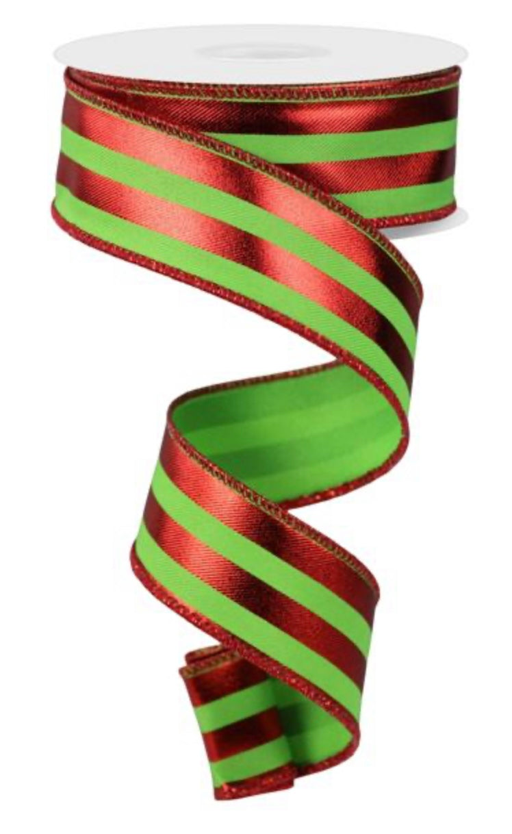 10 Yard - 1.5” Wired Red and White Metallic Vertical Stripe Ribbon