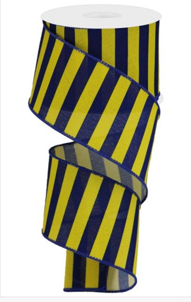 Wired Yellow with Horizontal Navy Stripes Ribbon- 2.5”x10 Yards