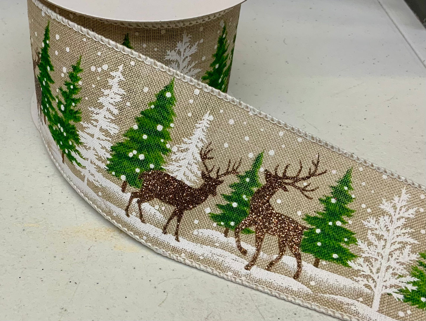 Wired Natural LinenTrees and Brown Glitter Deer Ribbon- 2.5”x10 Yards