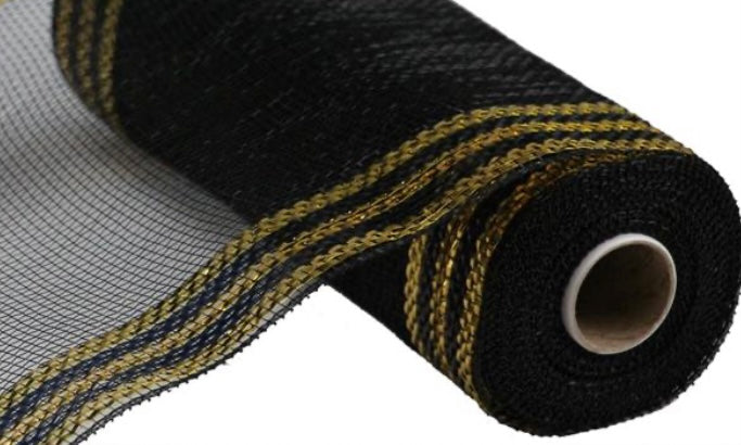 10 inch x 10 Yards Black with Gold Foil Border Stripe Metallic Mesh