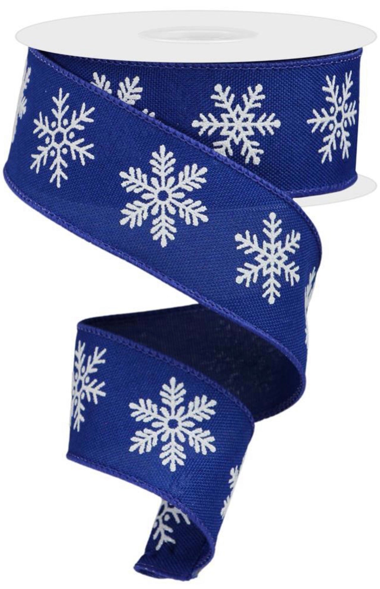 10 Yards - 1.5” Wired Royal Blue and White Glitter Snowflake Ribbon