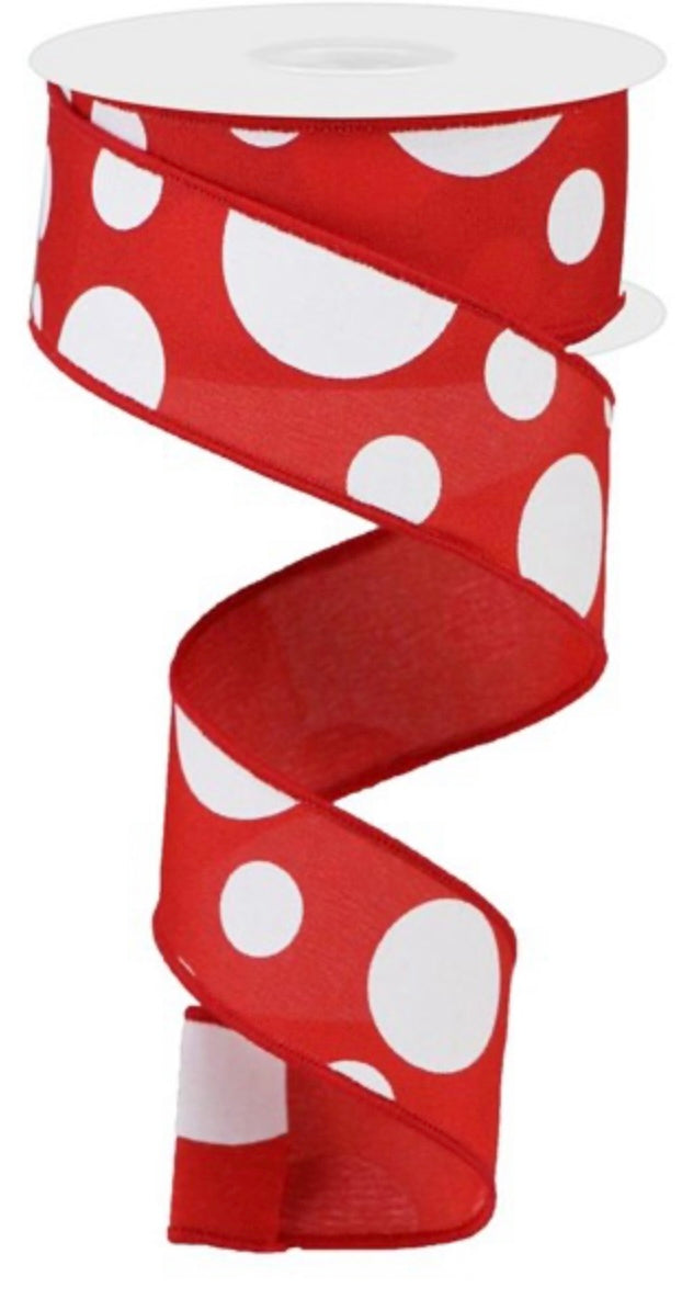 10 Yard - 1.5” Wired Red with White Giant Three Size Dots Ribbon
