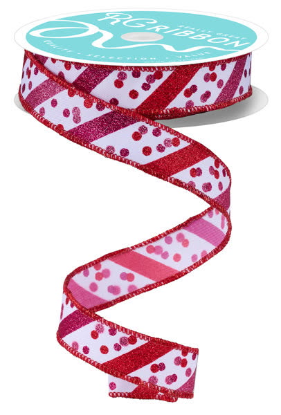 Wired Red and White Glitter Stripe Confetti Dot Ribbon- 7/8”x10 Yards