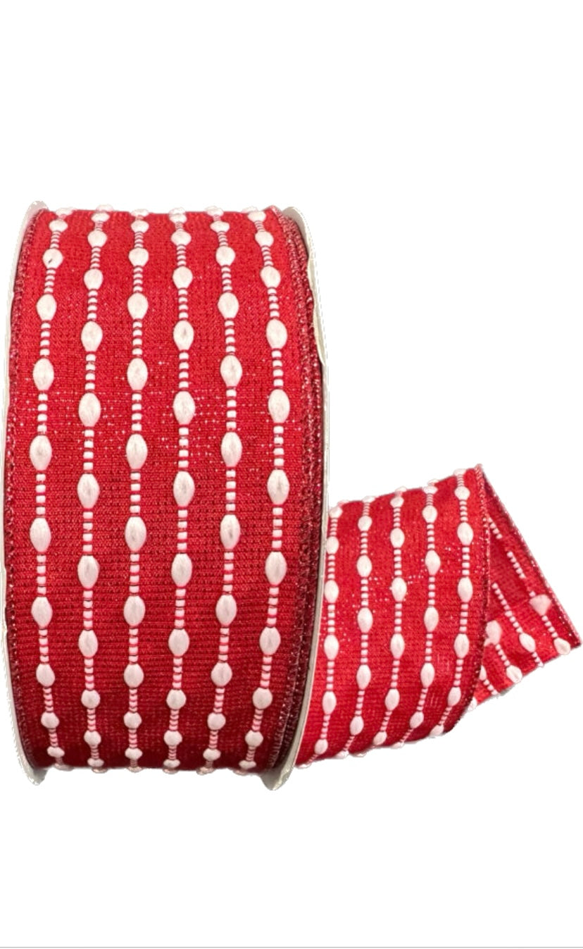 Wired Red Metallic White Snowball Weave Ribbon- 2.5”x 50 Yards