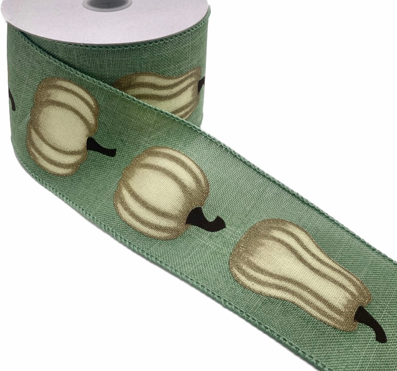 10 Yards - 2.5” Wired Pale Green Linen White Pumpkins Ribbon