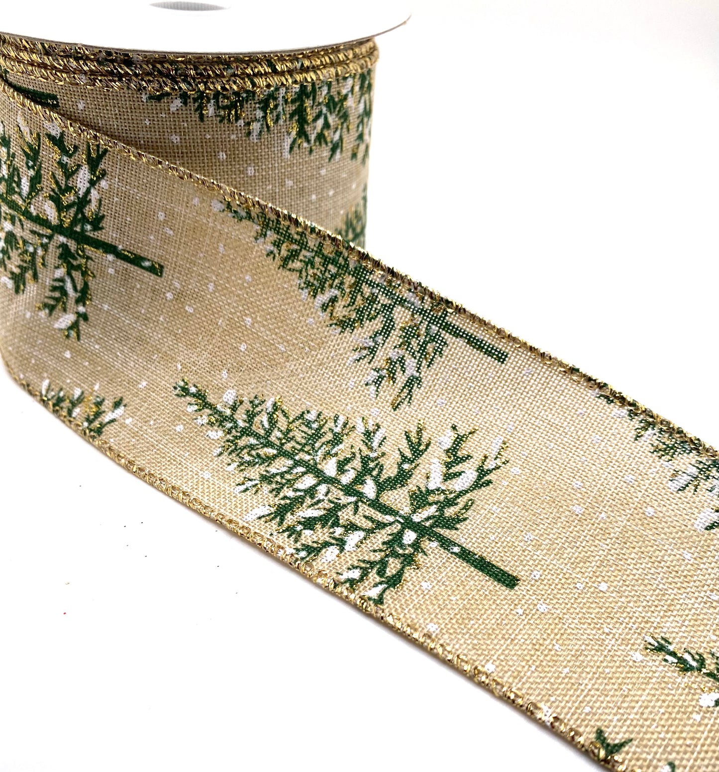 10 Yards - 2.5” Wired Natural Linen Trees in Snow Ribbon