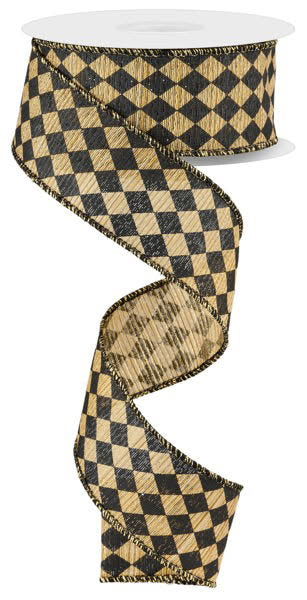 Small Black and Gold Bright Metallic Harlequin Ribbon- 1.5”x10 Yards