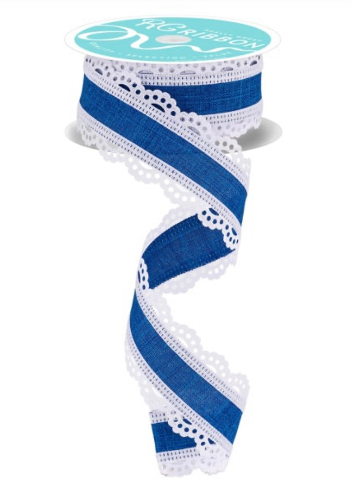 10 Yards - 1.5" Wired Blue Background with Lace Edge Ribbon