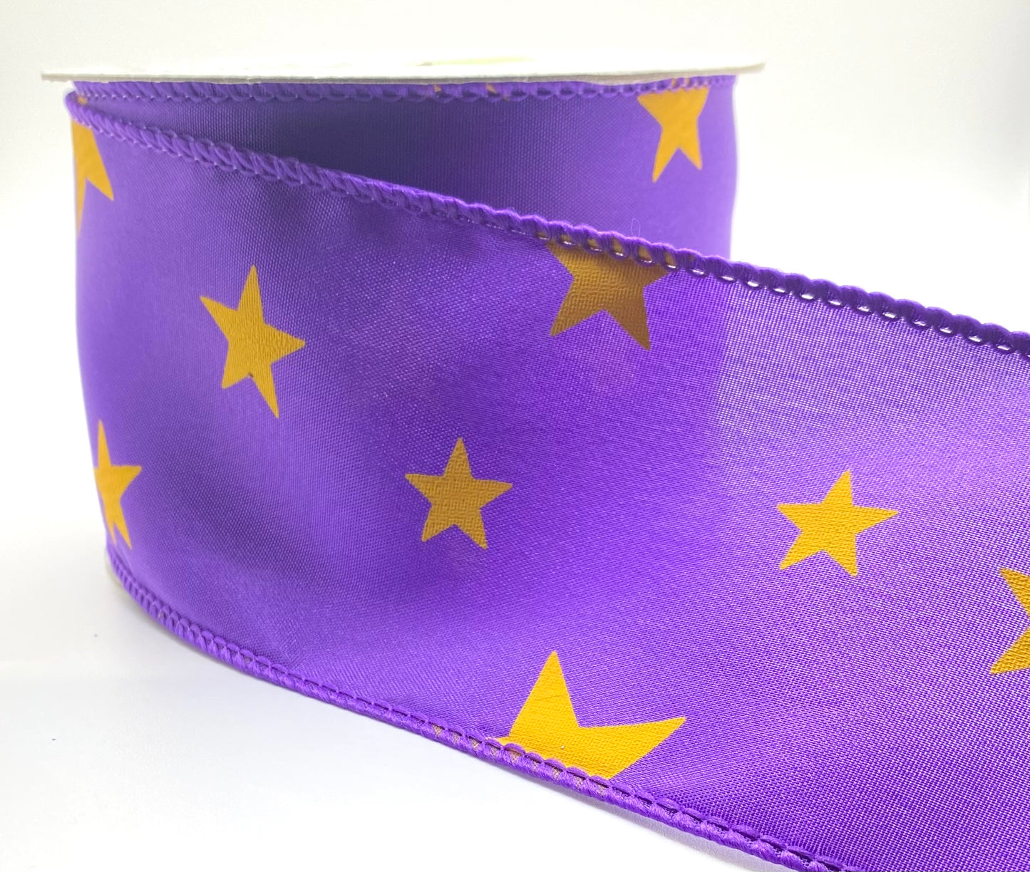 10 Yards - 2.5” Wired Purple with Yellow Stars Satin Ribbon