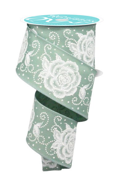 10 Yards - 2.5” Wired Sage Green with White Raised Roses Floral Ribbon