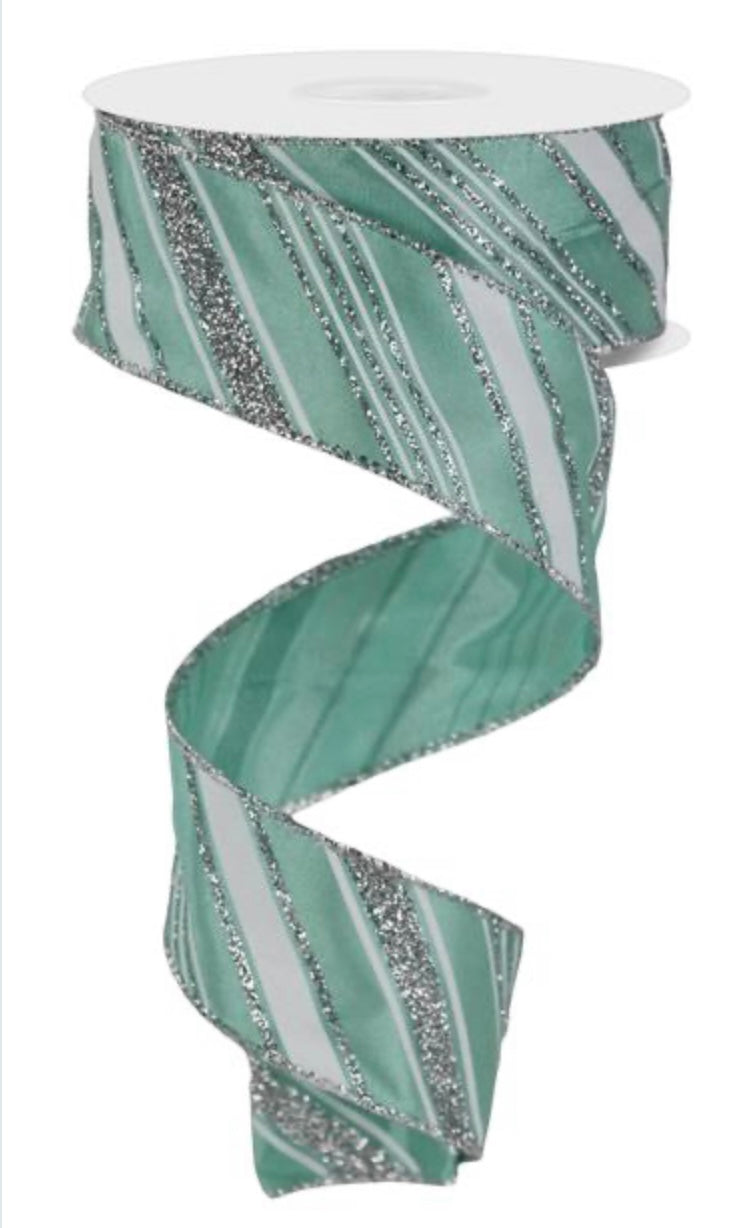 Wired Dark Mint, Silver, and White Diagonal Stripe Glitter Accent Ribbon- 1.5”x10 Yards