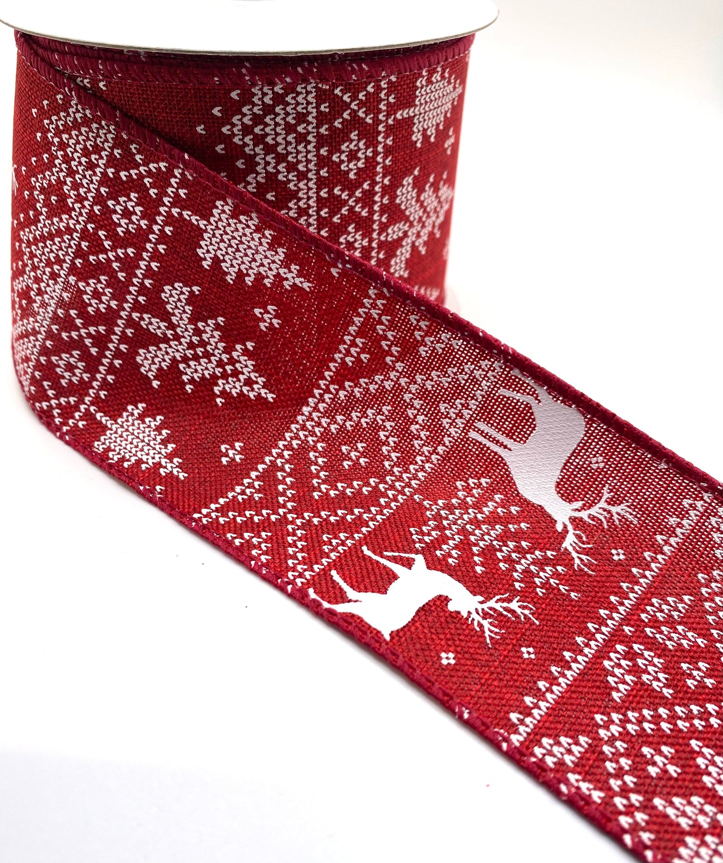 10 Yards - 2.5” Wired Red Linen White Deer and Tree Ribbon