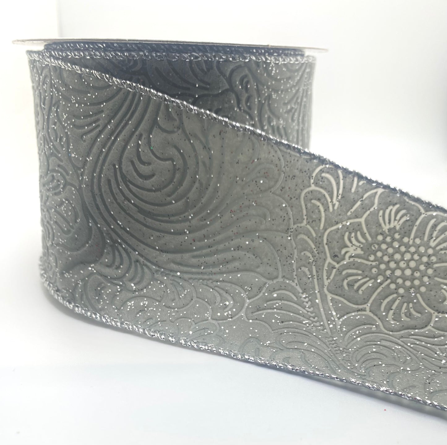 10 Yards - 2.5” Wired Gray Glitter Floral Embossed Ribbon