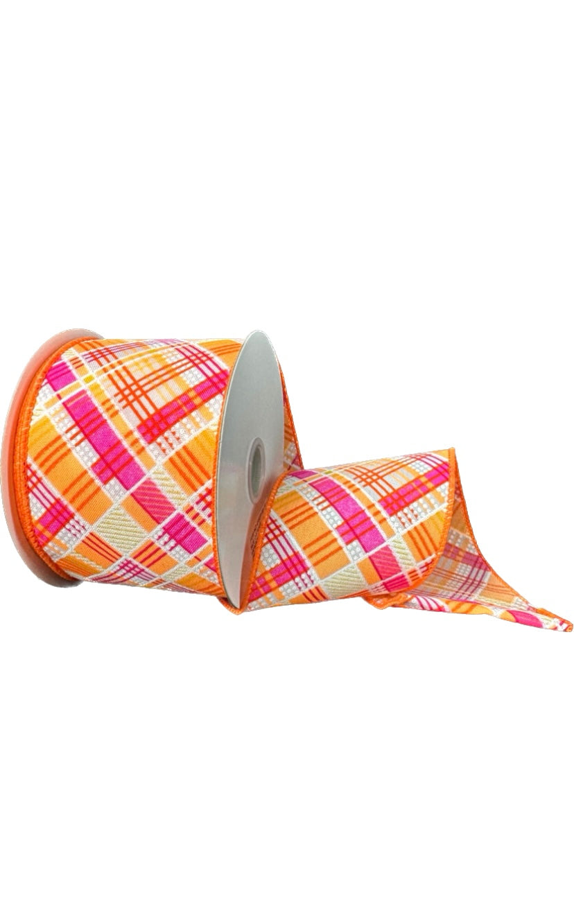 10 Yards - 2.5”Wired Pink, Orange, and White Diagonal Cabot Printed Plaid Ribbon