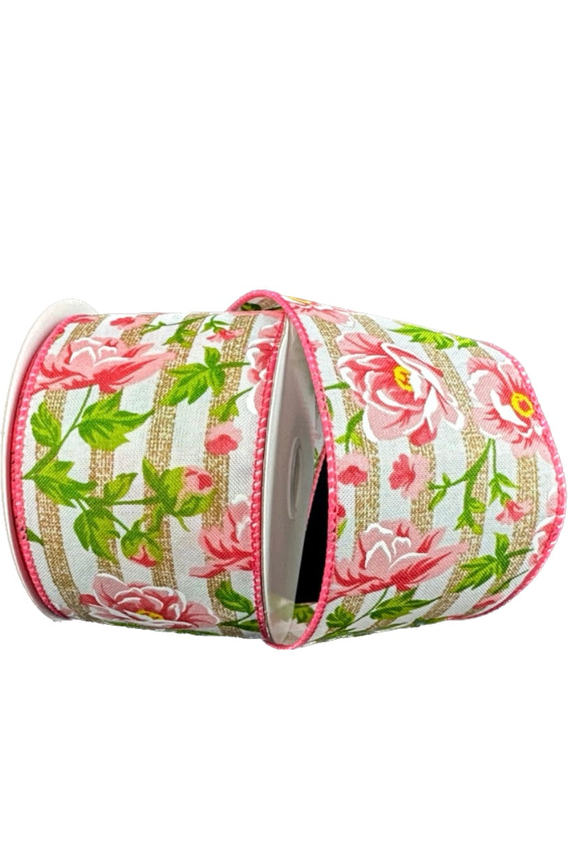 10 Yards - 2.5" Wired Tan and White Cabana Stripe Pink Peonies Ribbon