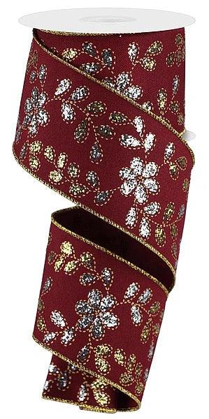 Wired Glitter Leaves with Flowers Ribbon- 2.5”x10 Yards