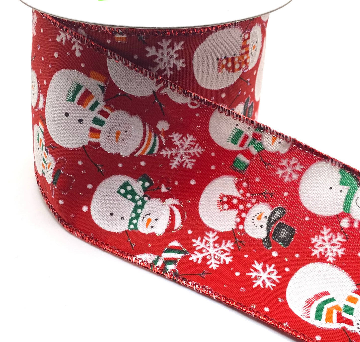 10 Yards - 2.5” Wired Red Satin Snowmen in Winter Ribbon