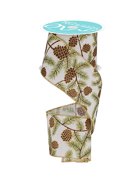 Wired Pine Cone Branch Ribbon- 2.5”x10 Yards