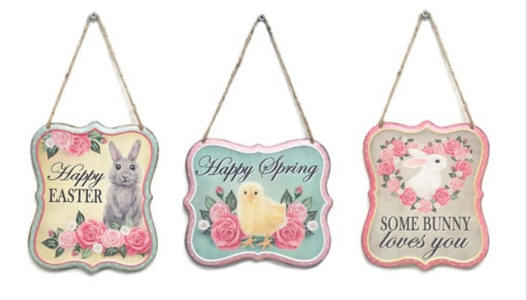 7”x6” 3-Piece Metal Tin Spring Wreath Sign Set (Happy Spring, Happy Easter, Some Bunny Loves You)