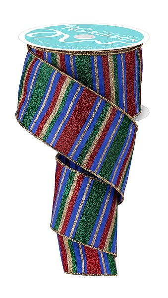 Wired Blue, Red, Green and Gold Horizontal Stripe Glitter Accent Ribbon- 2.5”x10 Yards